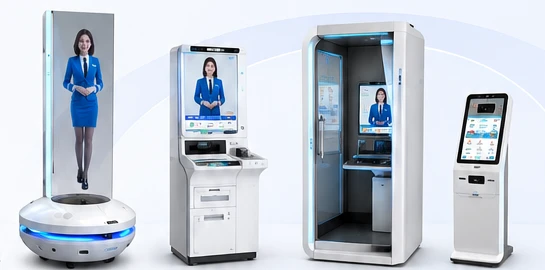 Smart branch device family including AI guide display, STM, VTM and branch kiosk