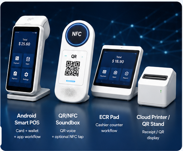 Neutral render of Android smart POS, QR NFC payment soundbox, ECR pad and cloud printer or QR stand for merchant device selection