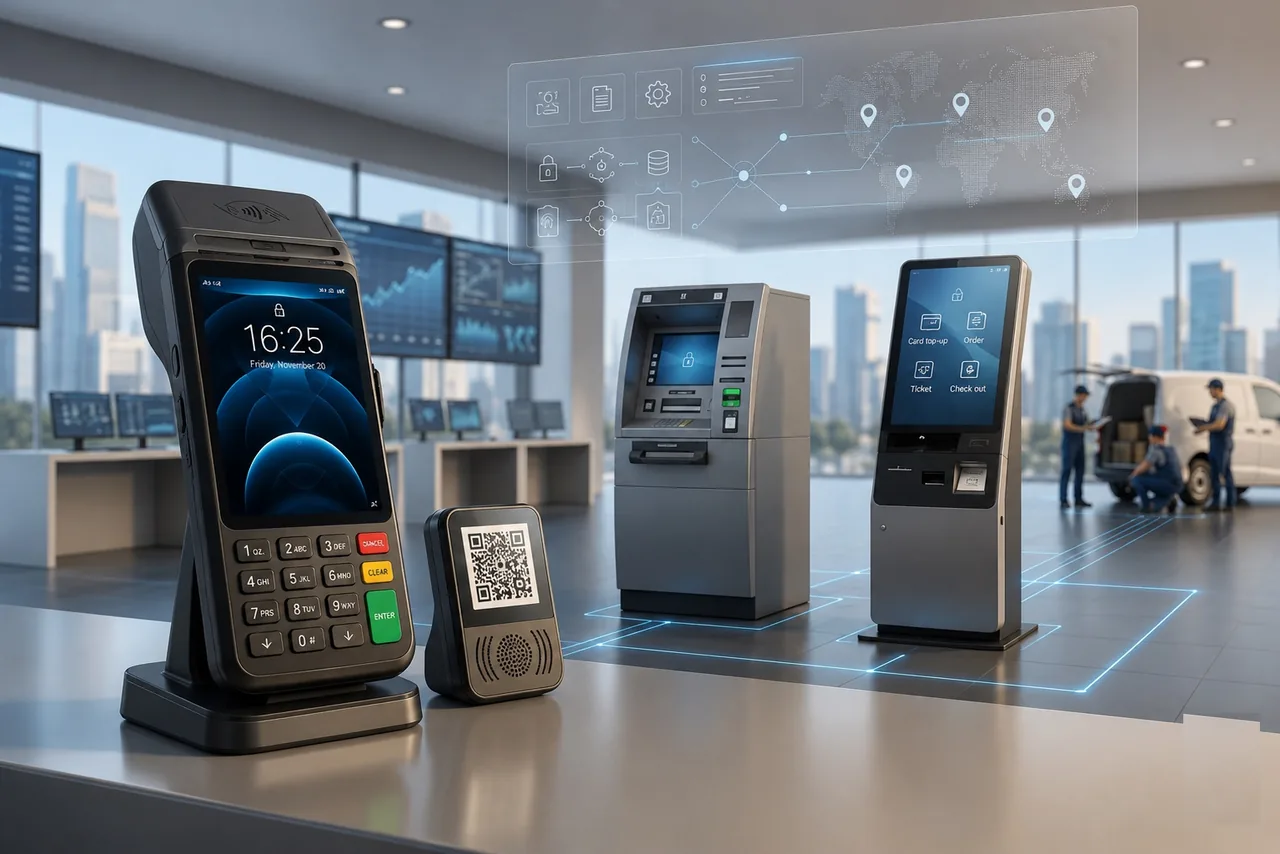 Connected terminal infrastructure scene with smart POS, QR payment soundbox, ATM, self-service kiosk, integration layer and local deployment support